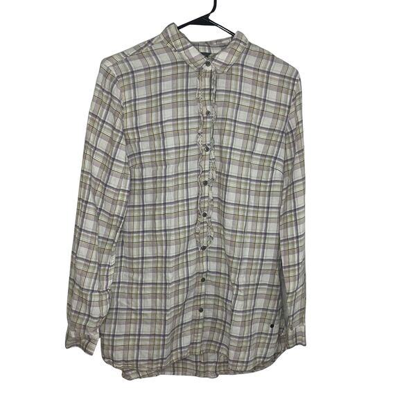 Eddie Bauer Plaid Ruffle Blouse Size L - Green Gray Cotton Roll Tab Sleeves - Picture 2 of 9